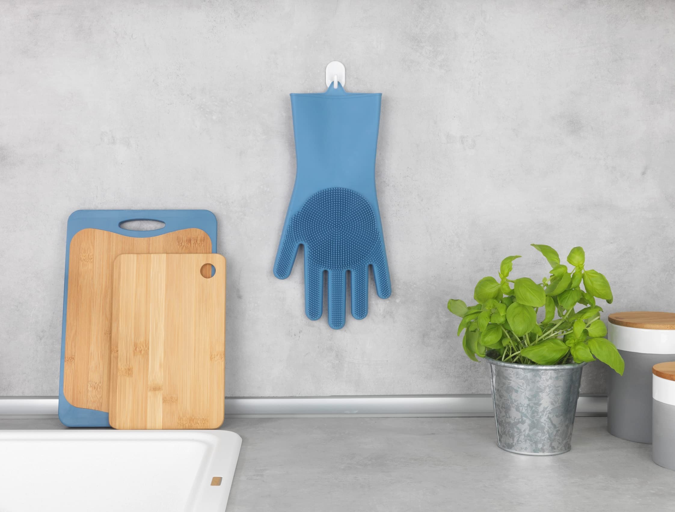 Wenko Silikon Temizleme Eldiveni Rena, 2'li Set, Çok Fonksiyonlu Bulaşık Eldiveni, Tüm Ev için, Entegre Temizleme Fırçası, Bulaşık Makinesinde Yıkanabilir, 33 x 1,5 x 15,5 cm Mavi