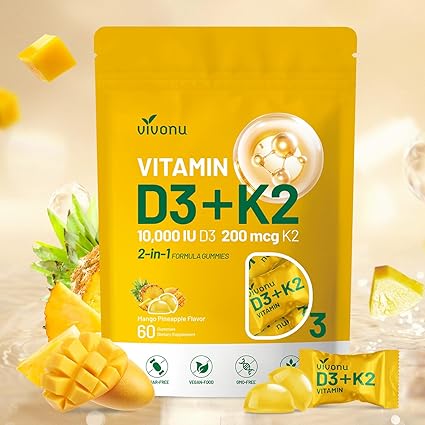 Vitamin D3 K2 Gummies, D3 10000 IU & MK7-200 mcg, 2 in 1 Vitamins D & K Complex | Vitamina D3 con K2 | Supports Calcium Absorption, Bone, Immune, & Heart Health, Easy to Carry and use (60 Gummies)