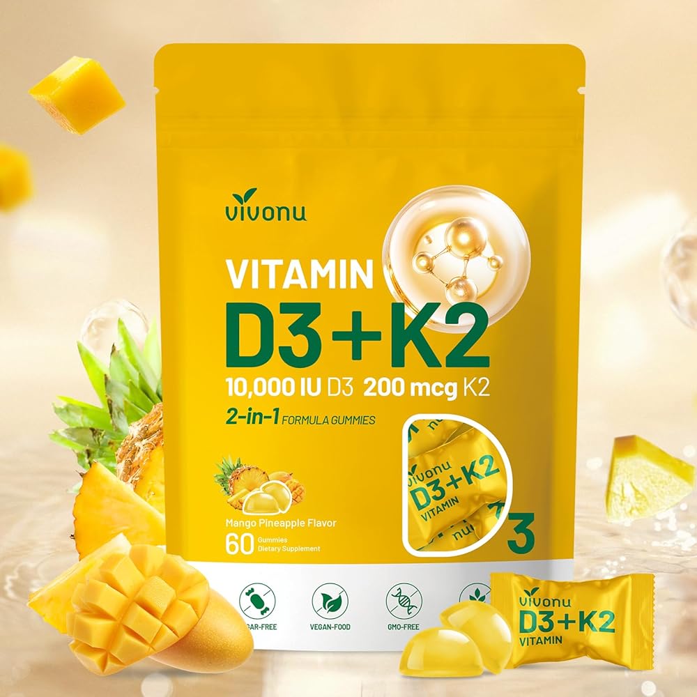 Vitamin D3 K2 Gummies, D3 10000 IU & MK7-200 mcg, 2 in 1 Vitamins D & K Complex | Vitamina D3 con K2 | Supports Calcium Absorption, Bone, Immune, & Heart Health, Easy to Carry and use (60 Gummies)