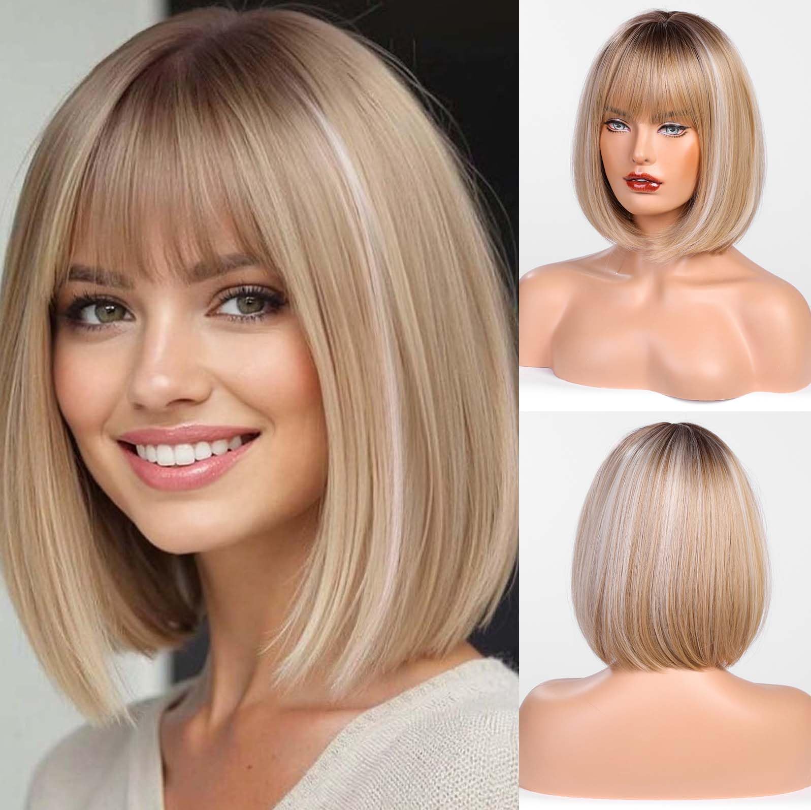 HAIRCUBE recto y corto encanto Bob lleva peluca para mujeres fiesta de fibra sintética resistente al calor natural/juego de roles/ropa/peluca diaria (Raíces marrones sombras Rubias) — view 9