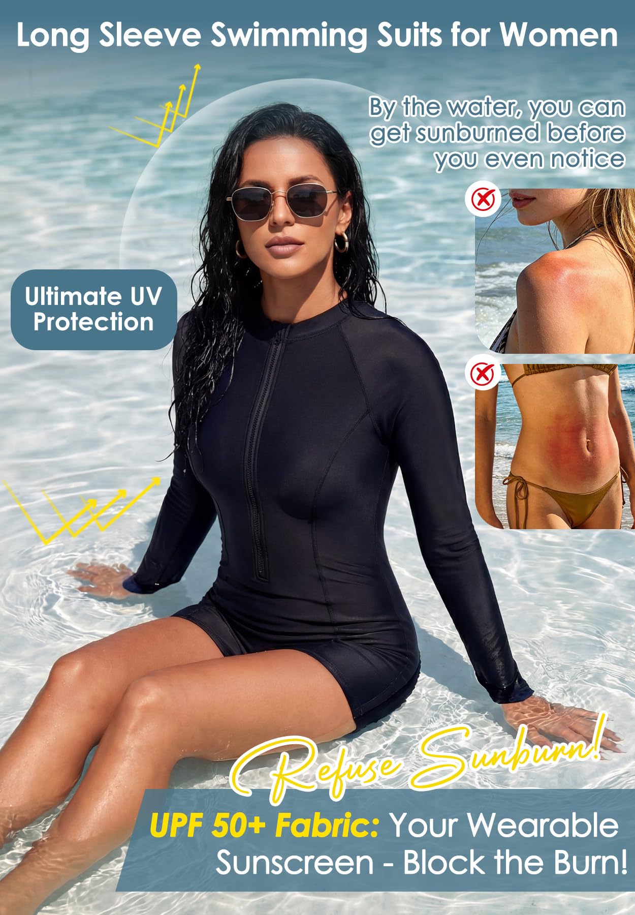 Zando Costume da bagno intero da donna UPF50+, con protezione anti-rash guard a maniche lunghe, con cerniera frontale e gamba, per surf e nuoto