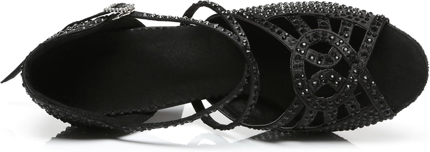 Womens Low High Heel Dance Shoes with Rhinestones Comfortable Wedding Evening Sandals