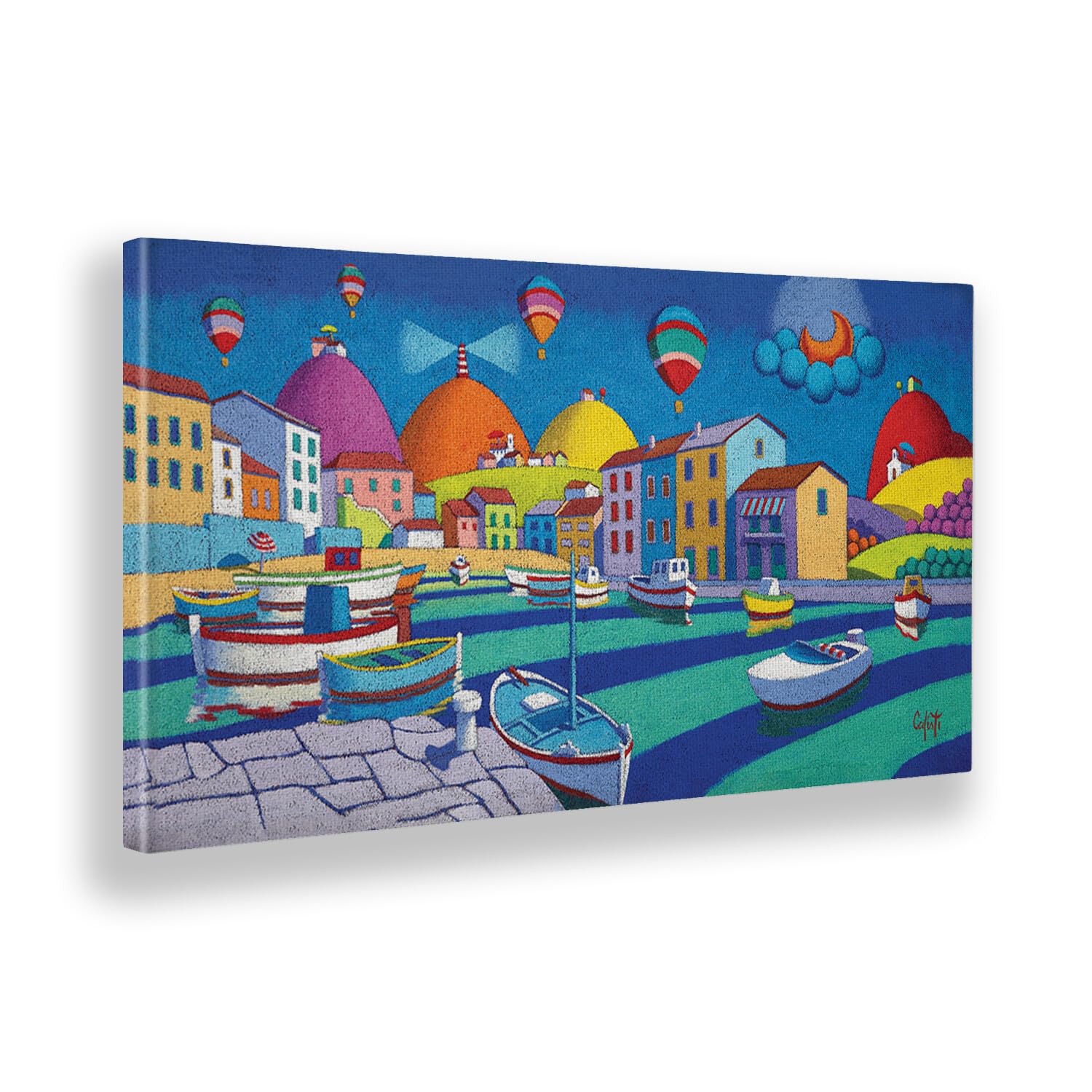 Giallobus - Quadro - Stefano Calisti - Mare barche mongolfiere - Tela Canvas Telaio Standard - 140x70 - Pronto da appendere - Quadri moderni per la casa