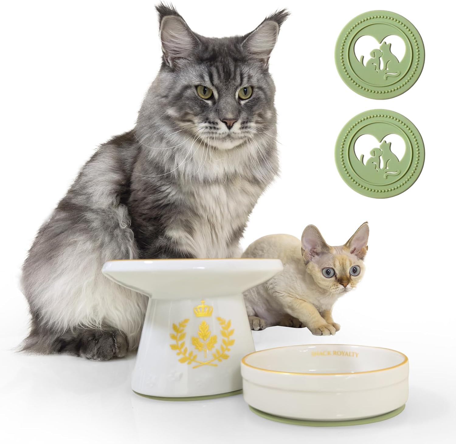 Cinf Ceramic Set of 2 Pet Raised Footed Bowl & Snack Bowl with Champagne Gold Crest Design and Non-Slip Silicone Pads