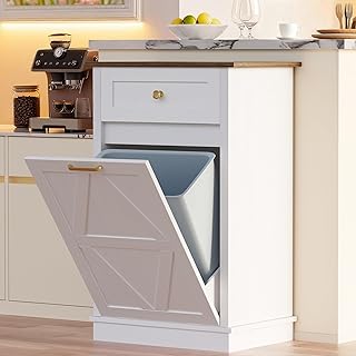 YESHOMY Tilt Out Trash Can Cabinet, 10 Gallon Garbge Can Cabinets, Wooden Hidden Laundry Hamper with Drawer, for Kitchen, Dining Room, Living Room (White)