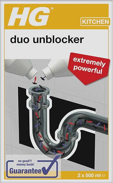HG Duo Unblocker, Extremely Powerful Kitchen & Bathroom Formula Drain Unblocker, Effectively Unclogs & Cleans Blocked Pipes Fast, for Unblocking Persistent Stubborn Drains (2 x 500ml) - 343100106