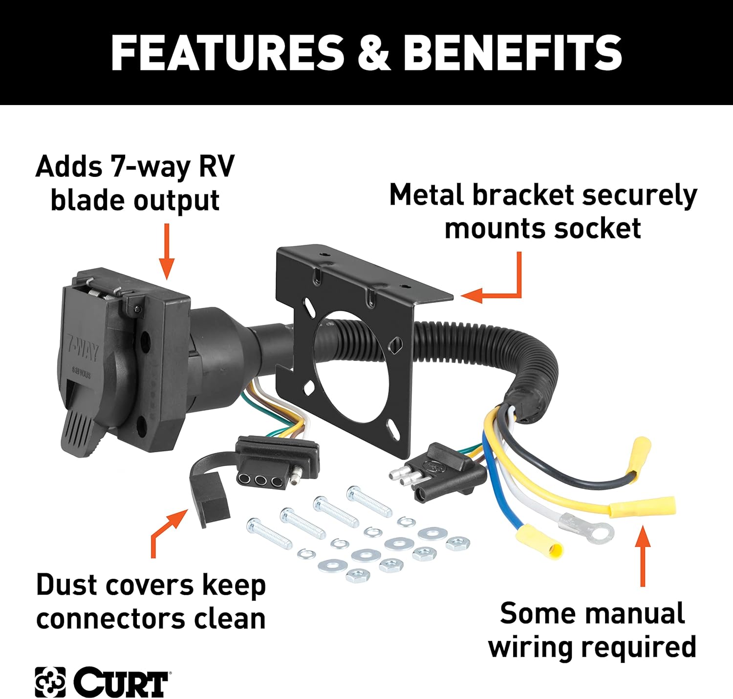 CURT 57672 Dual-Output 4-Way Flat Vehicle-Side to 7-Way RV Blade Trailer Wiring Adapter