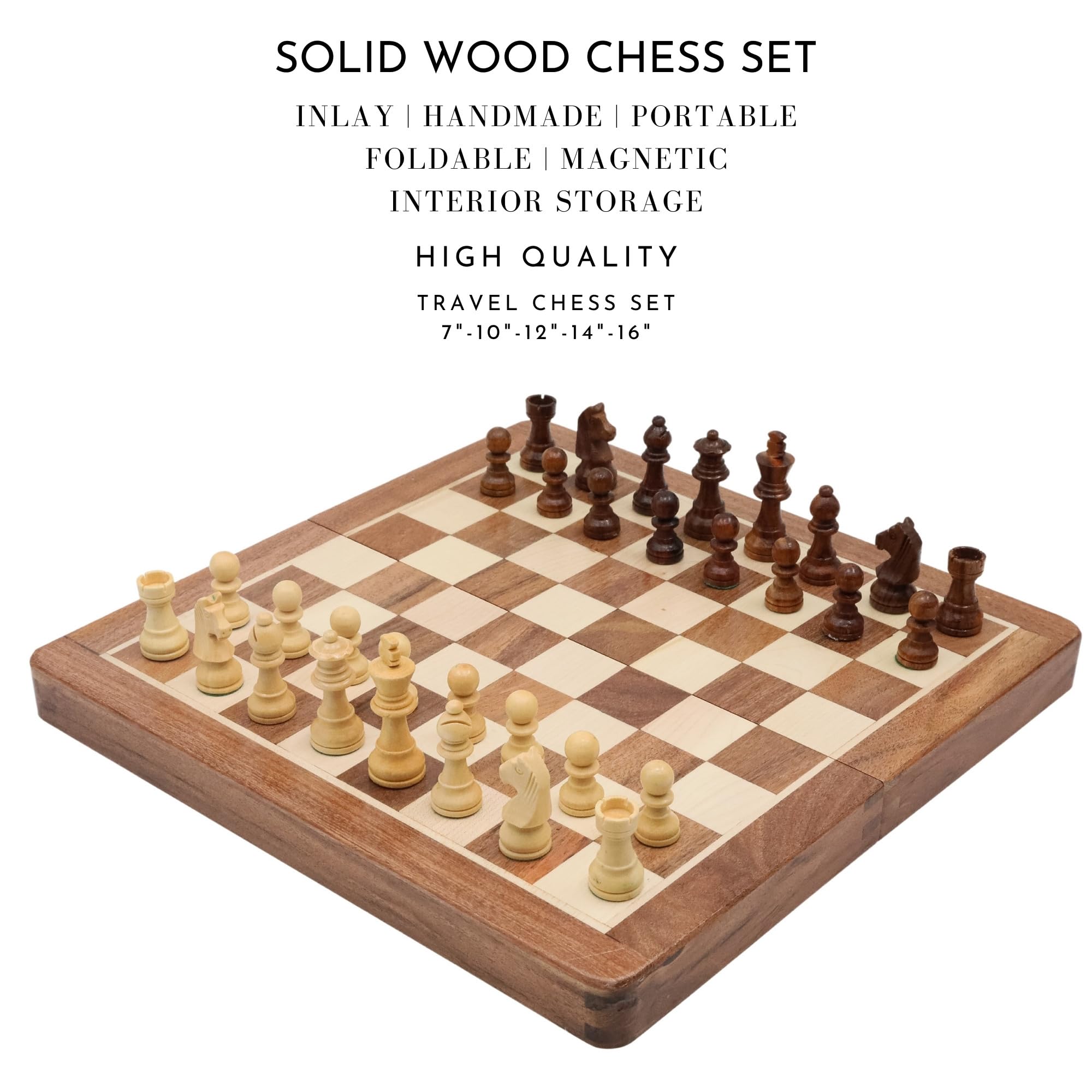 Jeu d'échecs magnétique pliable personnalisé | Planche en bois massif faite à la main et pièces d'échecs