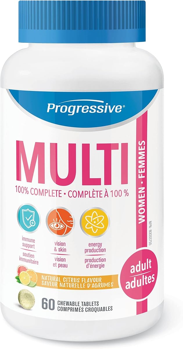 Progressive Progressive Adult MultiVitamin for Women - 60 Chewable Tablets | Made with Cranberry, Damiana Extract, Green Food Concentrates, Green Tea, CoQ10, Maca, Vitamin K2, Vitamin D3 and Glutathione