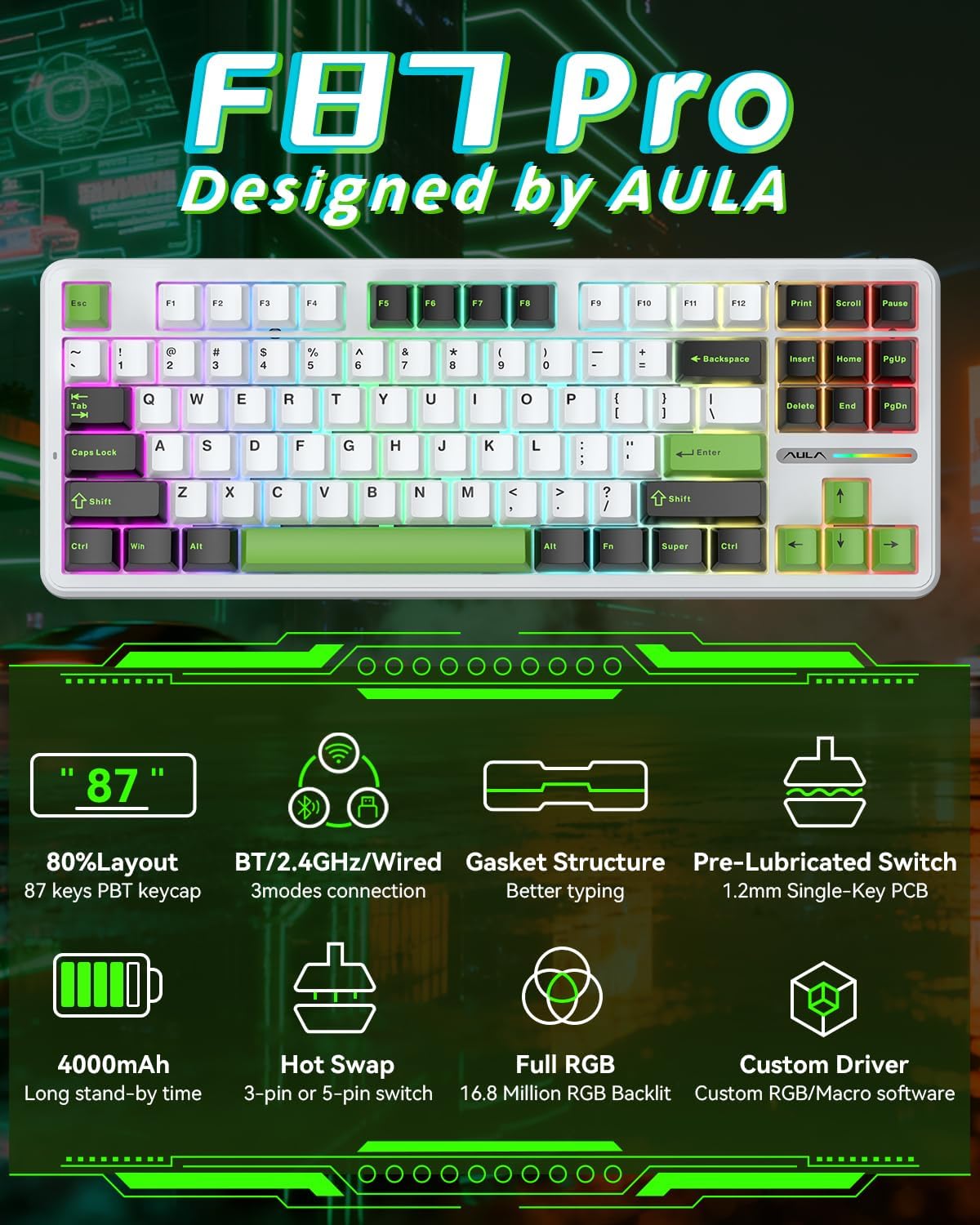 AULA F87 Pro Wireless Mechanical Keyboard, Gasket Mount Hot-Swappable Custom Gaming Keyboard with 4000mAh Longest Battery - Tri-Mode BT/2.4Ghz/USB-C, Pre-Lubed Linear Switches, RGB for PC/Mac/PS5/Xbox - Image 2