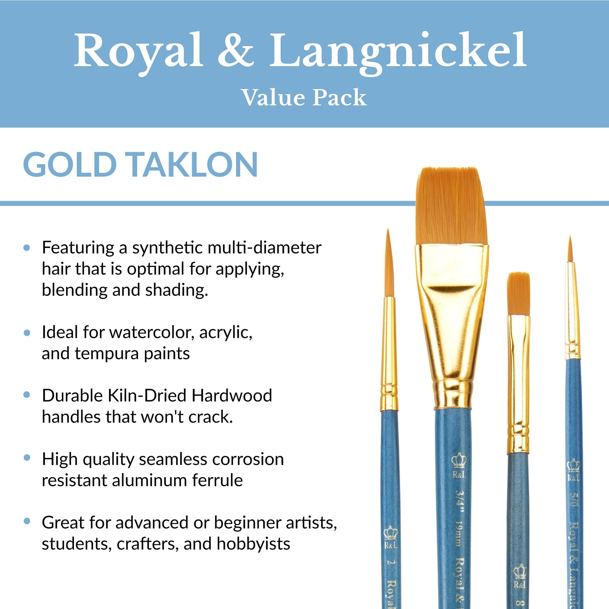 Royal & Langnickel 3-teiliges Lasierpinsel-Set – Gold Taklon, Größen 1/2, 3/4, 1 Zoll, Mit Aufbewahrungstasche