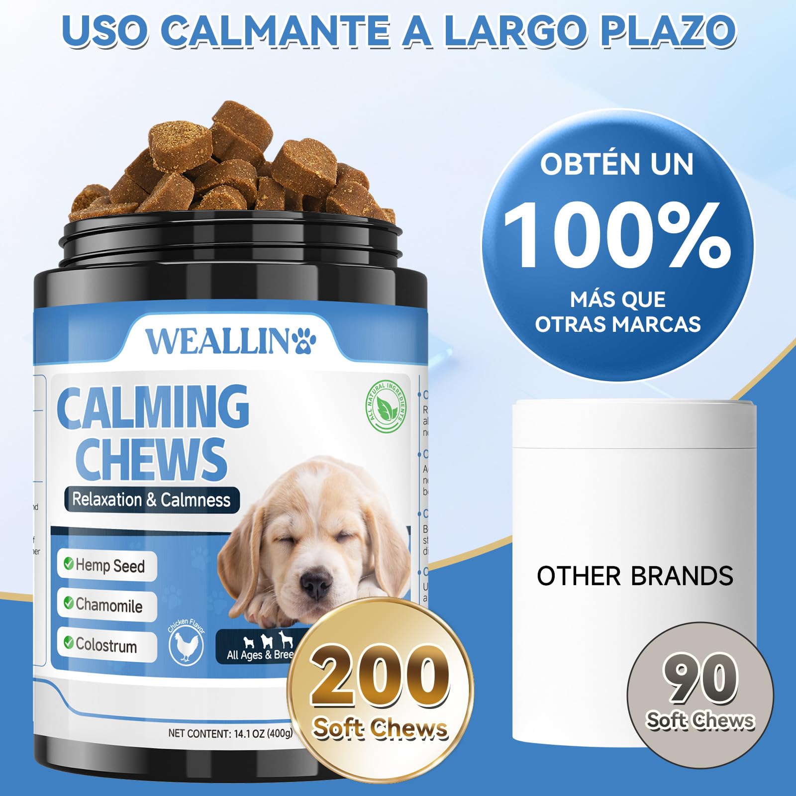 WEALLIN Masticables Calmantes para Perros, 200 Unidades para Apoyar la Calma en Perros, Separación, Ladridos, Viajes, Fuegos Artificiales, para Todas Las Razas y Tamaños, Sabor a Pollo