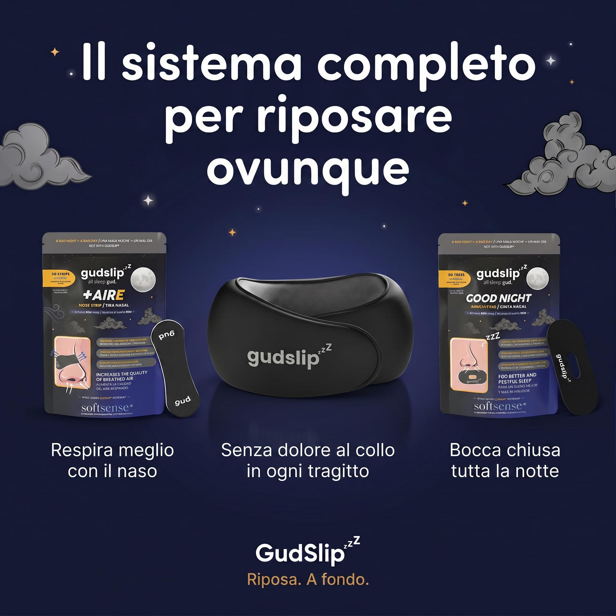 Cuscino da viaggio per il collo GudSlip® | Cuscino cervicale in memory foam regolabile a 360° | Fodera in Modal lavabile | Compatibile con cuffie | Aereo, treno, auto
