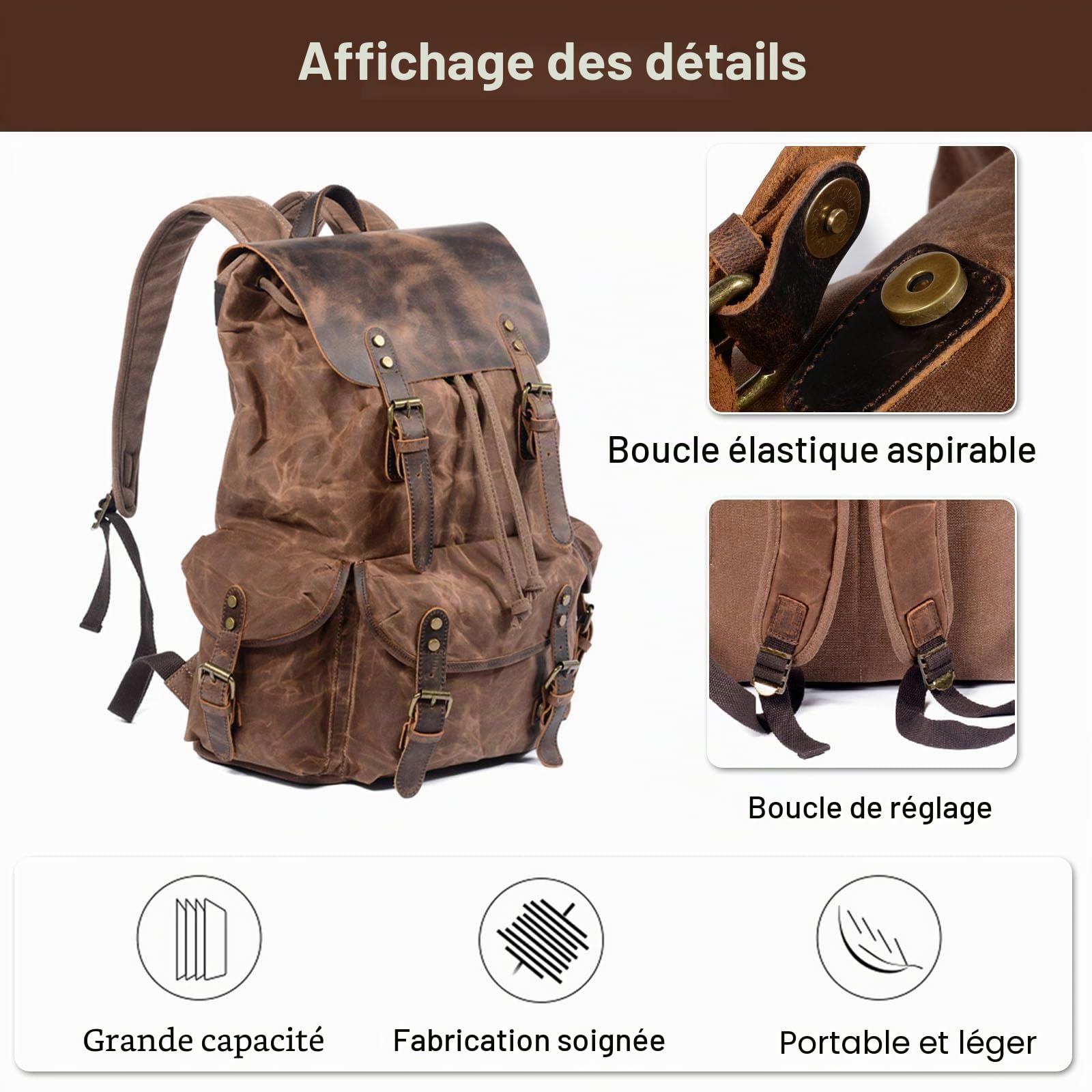 FANDARE Toile Sac à Dos de Randonnée Sac à Cordon Sac de Trekking Sac à Dos Grande Capacité Multifonction Sac d'épaule Daypacks pour Alpinisme Escalade Trekking Sport Voyage Camping Brun
