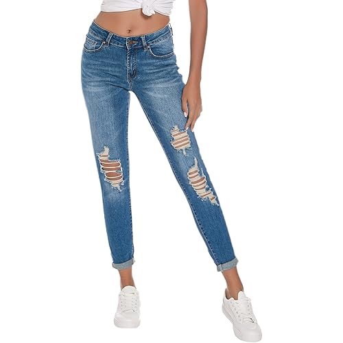 Resfeber Women's Ripped Boyfriend Jeans Stretch Distressed Jeans Capri Mom Jean with Hole