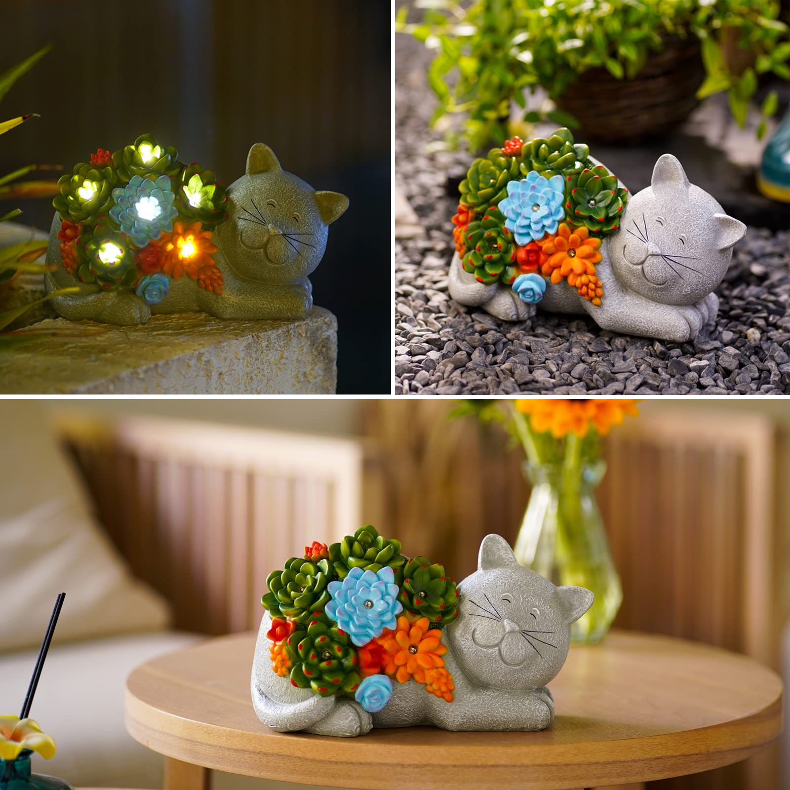 Yeomoo Statuetta decorativa a energia solare con piante grasse, decorazione da giardino per esterni, grigio | Graziosa statuetta da giardino con luci solari, regalo per gli amanti dei gatti, per donne, giardino, balcone, camera, 23 cm
