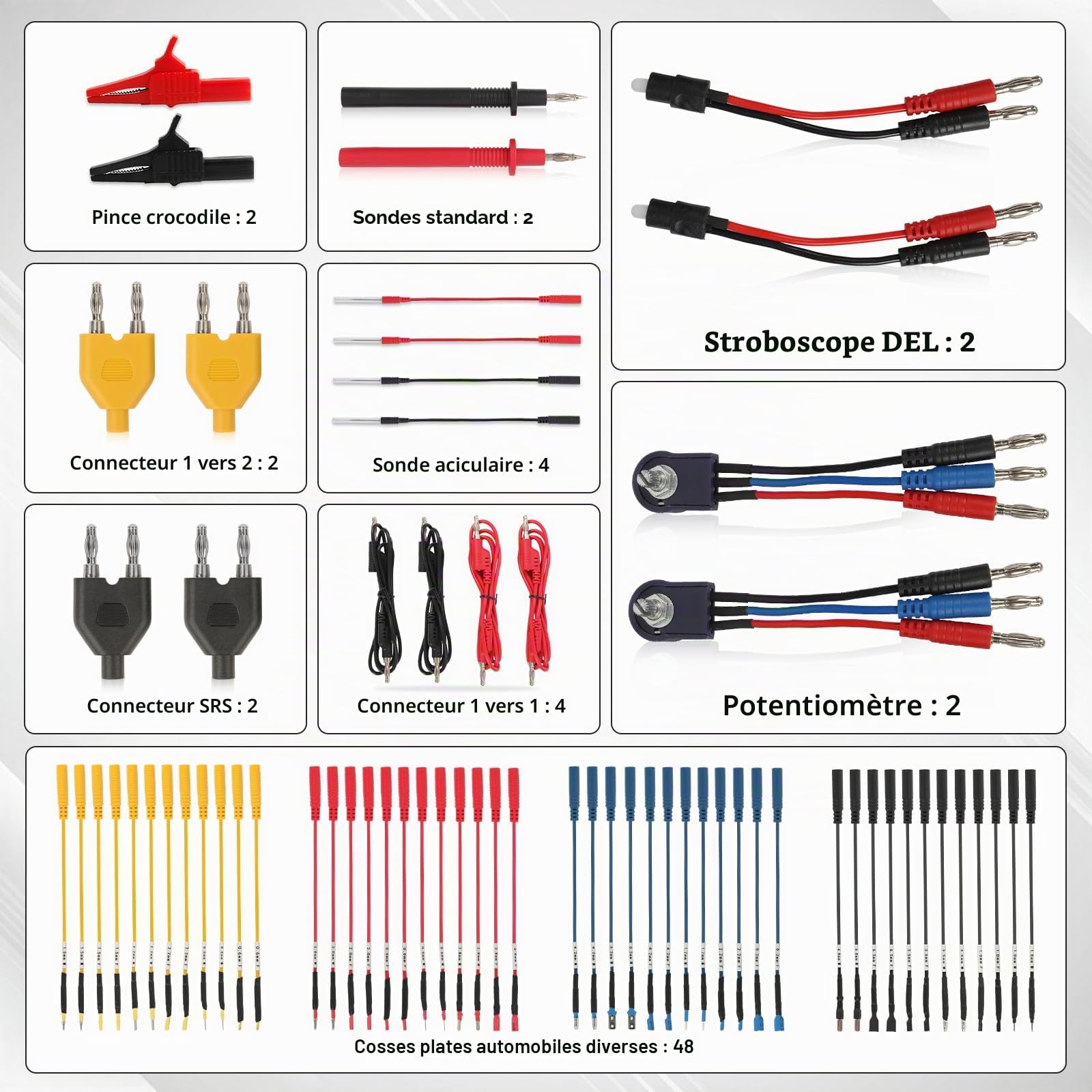 Kit câbles test multimètre 68 pièces silicone souple diagnostic automobile