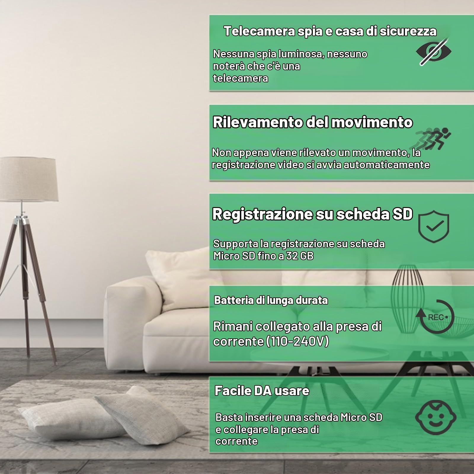 Telecamere di sorveglianza, Mini telecamera HD 1080P con caricatore USB, Videoregistratore, Registrazione continua e rilevamento del movimento, Funzione di carica USB, Telecamera di sorveglianza per