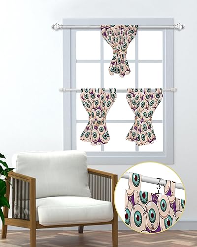 Miniatura 5 de Juego de 3 cortinas y cenefas de cocina para ventanas, temática de Halloween, cenefa de cortina con filtro de luz de ojos de zombi, cortinas de