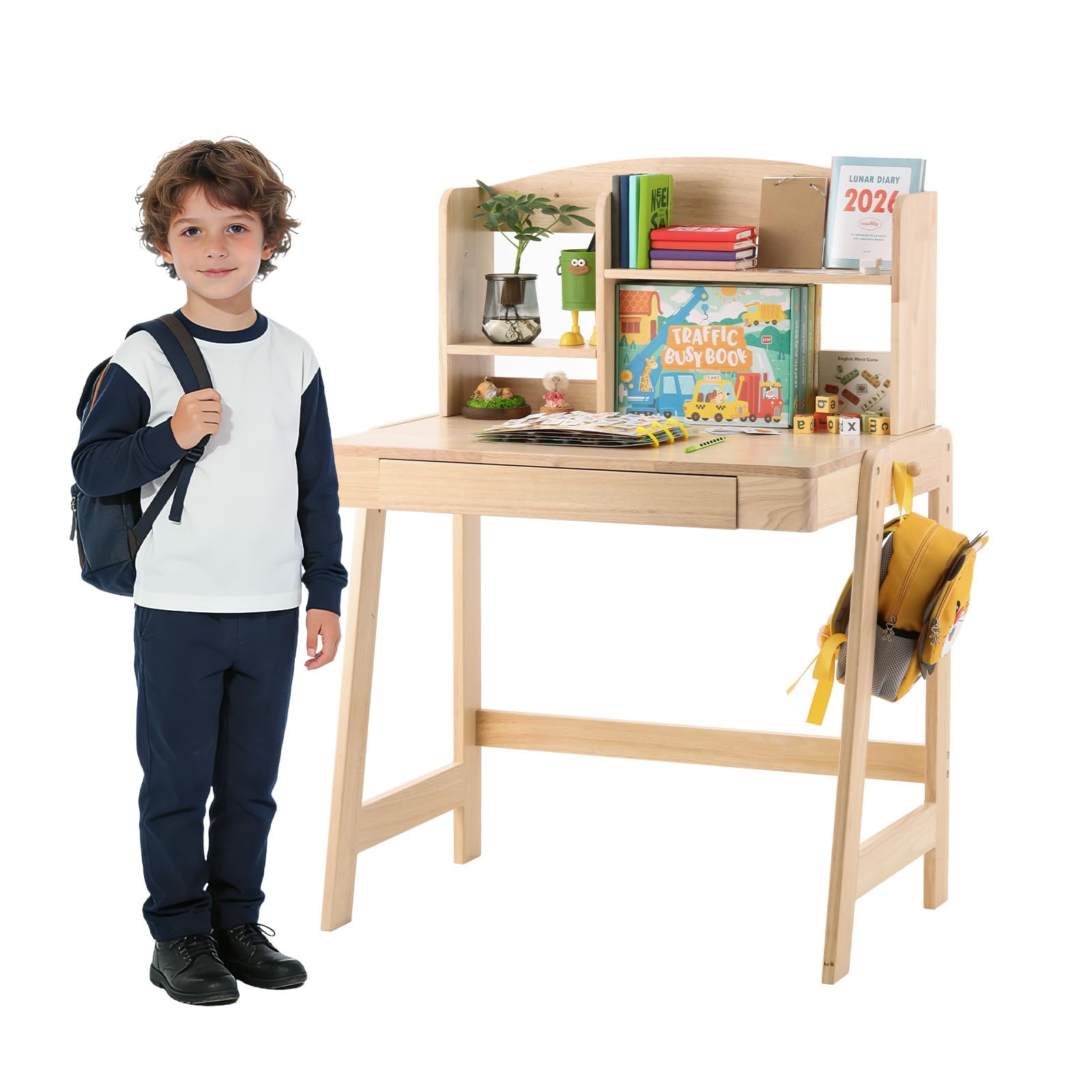 Mesa infantil de madera maciza con espacio de almacenamiento, a partir de 6 años