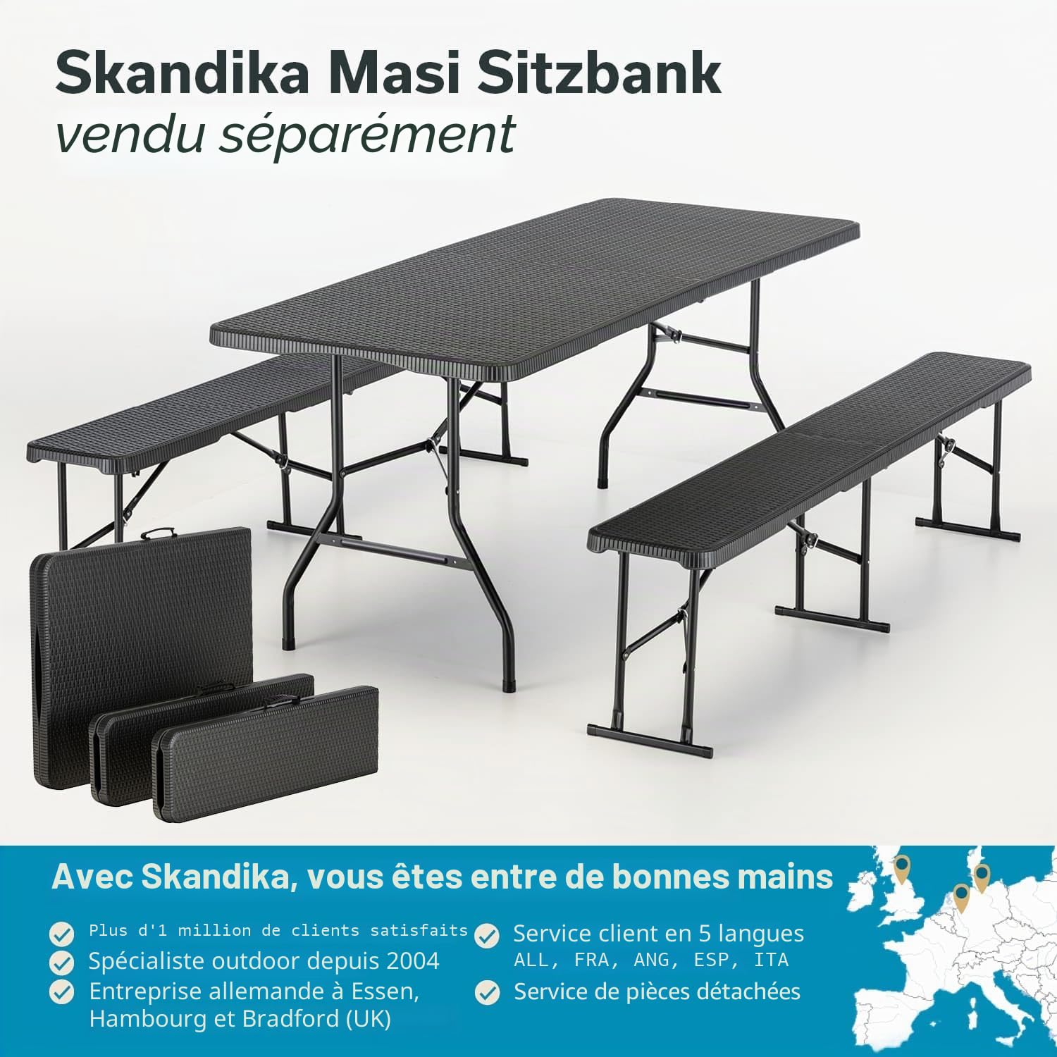Skandika Table Pliante/Banc Pliable/Set MASI | Banc Max 300 kg, Table Max 200 kg, matériau HDPE recyclé, Pliable, résistant aux intempéries, 180 cm | Meubles Balcon, Jardin