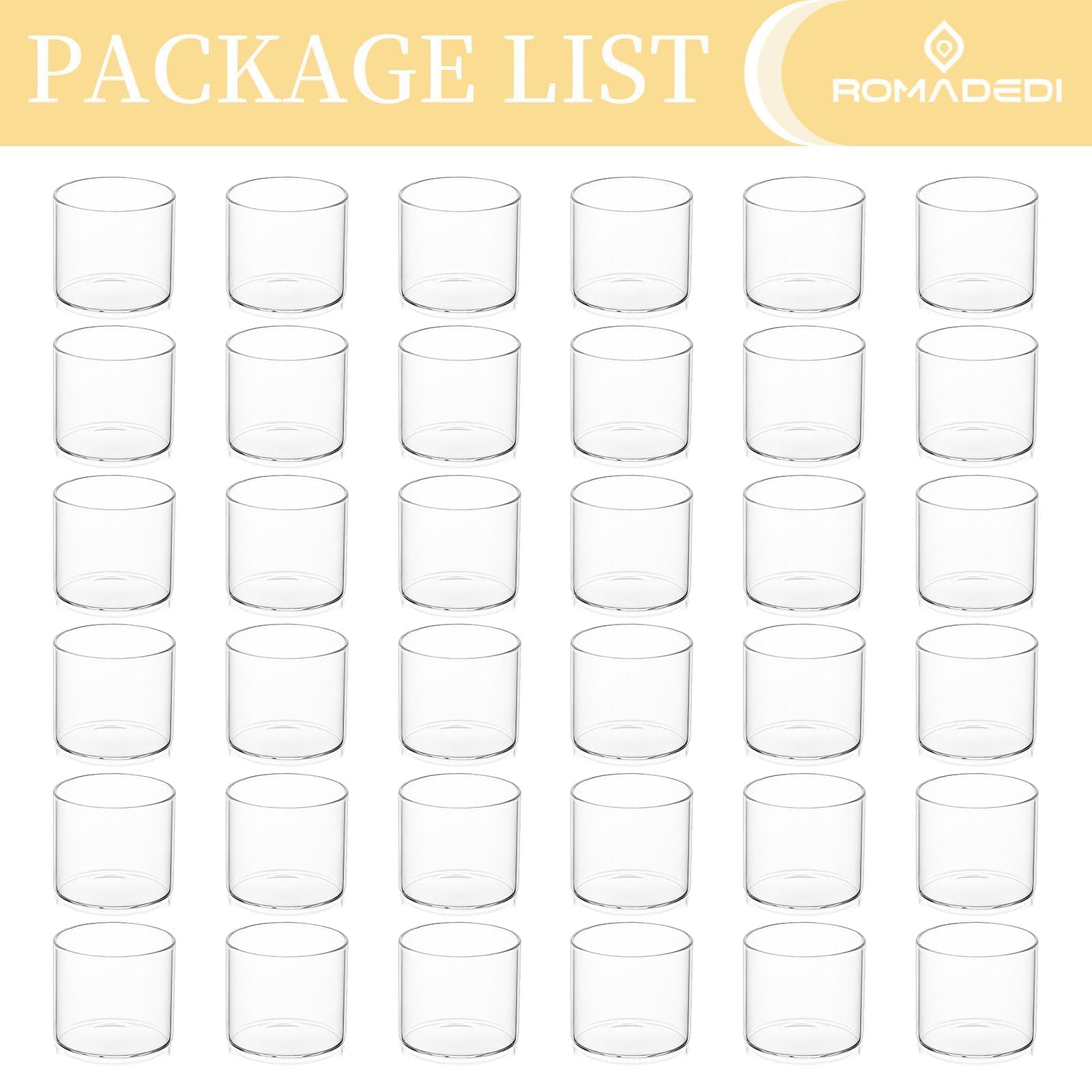 Romadedi Portavelas de cristal transparente para velas de té, juego de 36 velas votivas flotantes, centro de mesa, boda, fiesta, decoración de Navidad, 5,7 x 5 cm
