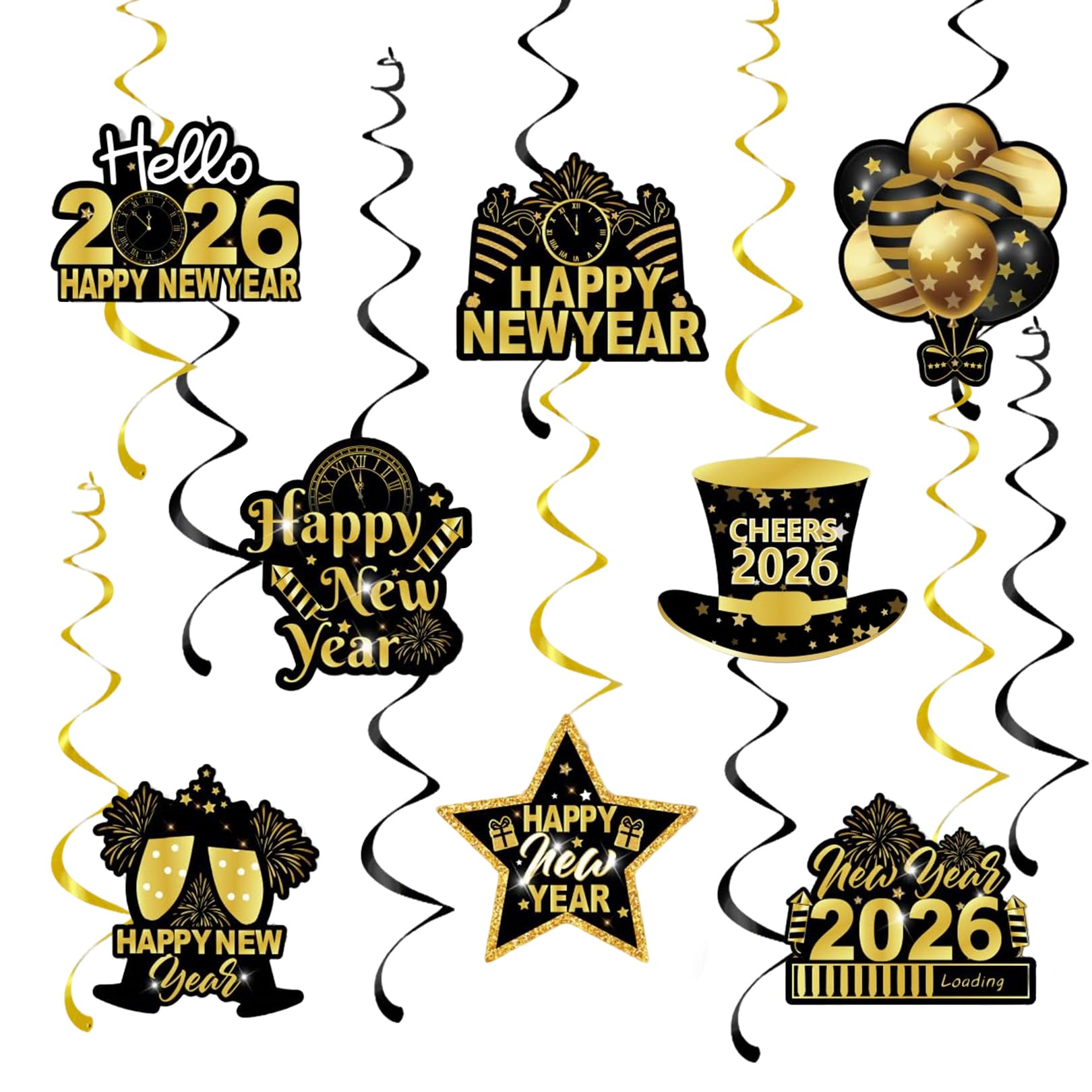 Fogcosy Multicoloured Happy New Year Hanging Swirls Streamers - 8 Pcs Black Gold New Years Eve Decorations 2026, Stars Clock Fireworks Theme Paper Photo Background, New Years Decorations Party For Indoor Outdoor