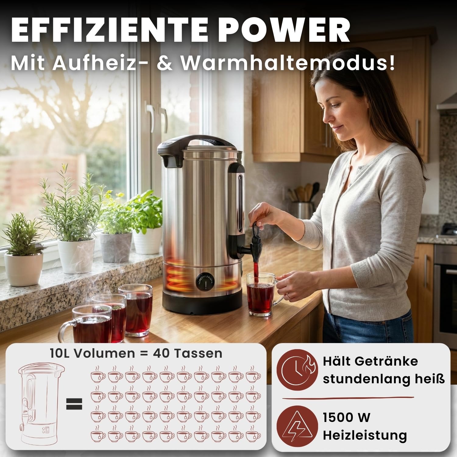 Heimfleiss® Glühweinkocher 10L aus Edelstahl 1500W | Heißwasserspender mit Zapfhahn, Thermostat & Überhitzungsschutz | Heißgetränkeautomat für Glühwein & Punsch | Einkochautomat Glühweintopf mit Hahn