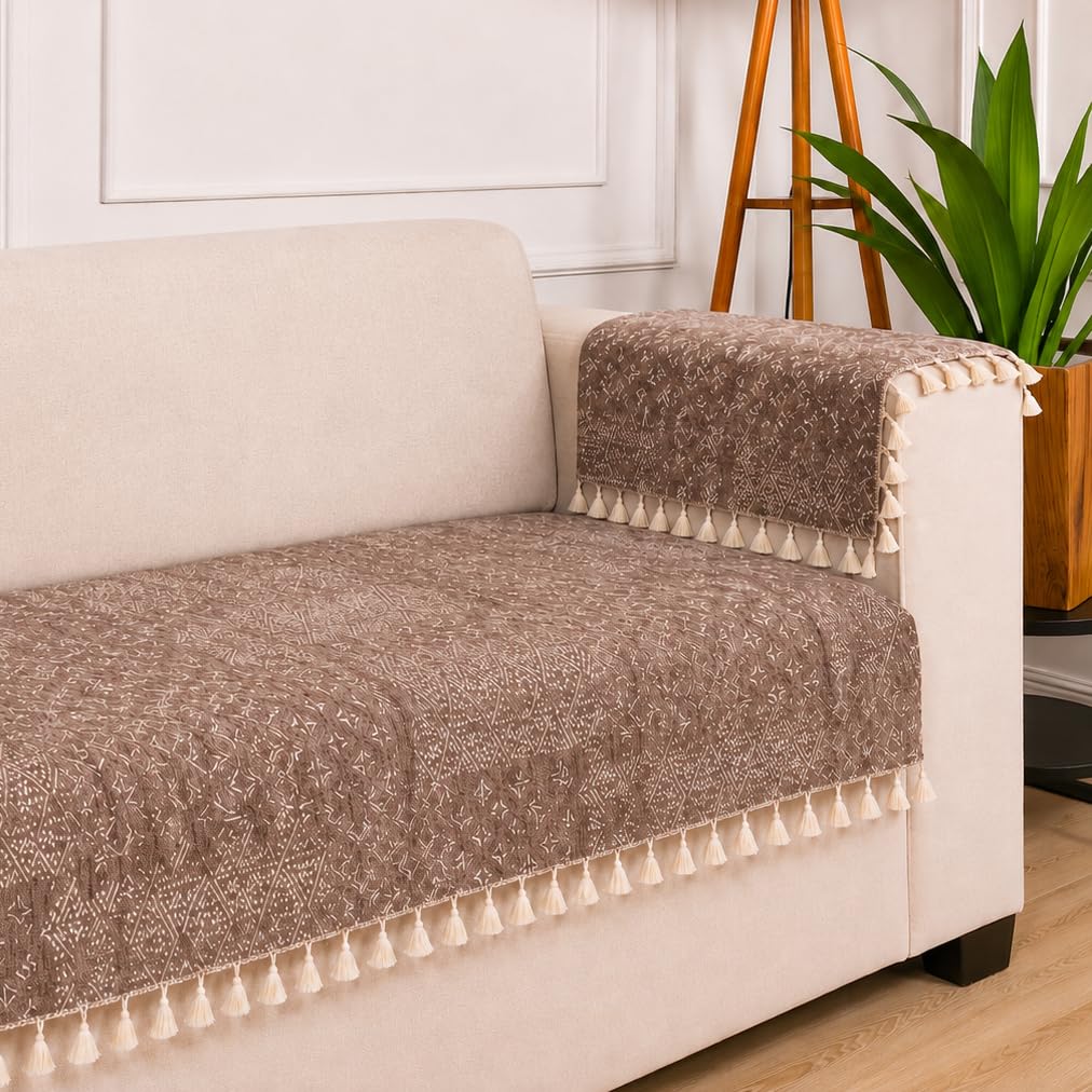stitchnest 'artisoul series' chenille sofa cover 1 seater with 2 hand rest covers | premium heavy fabric, washable & fade resistant | beige star sofa protector with tassels | size 24x60 inch