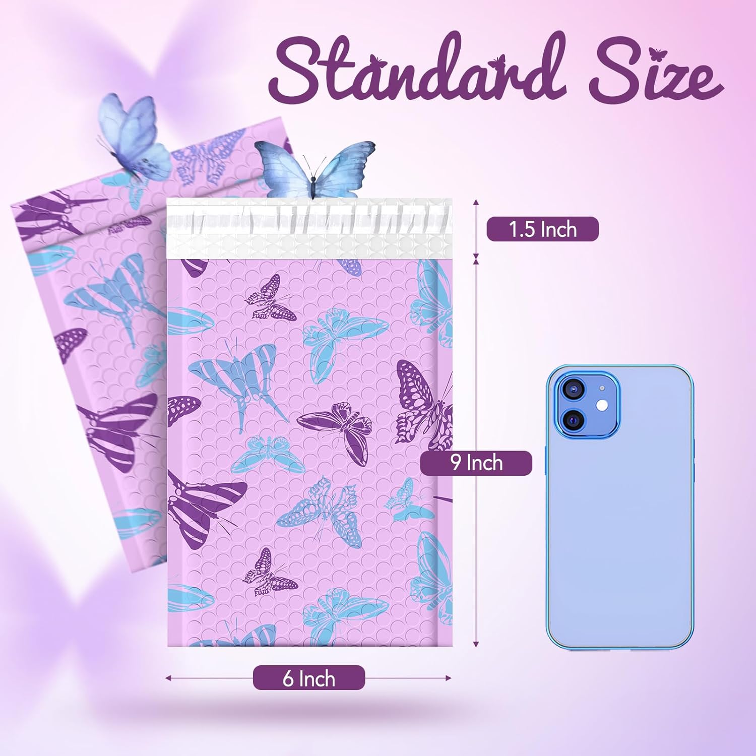 Fuxury Bubble Mailers 6x10" Pinkish-Purple Padded Envelopes 100 Pack with Blue-Purple Butterfly Special Design Padded Mailers Waterproof Bubble Envelopes for small business Jewelry Makeup Supplies #0