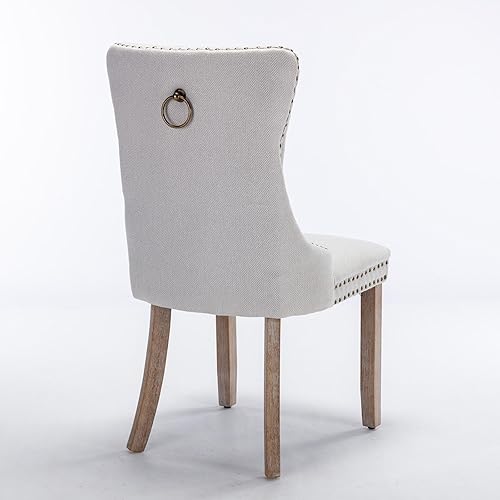 Miniatura 6 de Silla de comedor tapizada contemporánea sin brazos con patas de madera con diseño de cabeza de clavo, juego de 2, beige