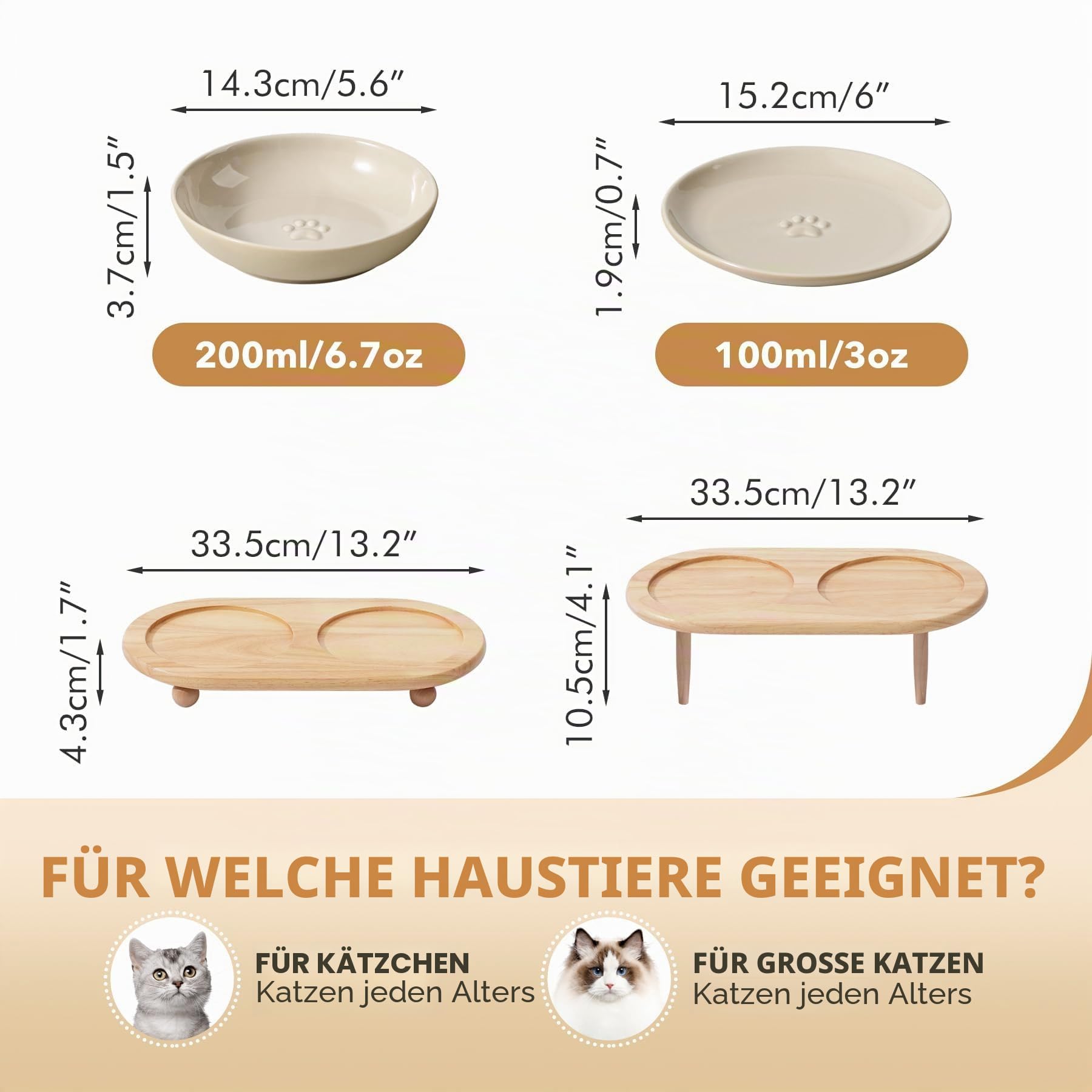 Havniva Erhöhter Keramik-Fressnapf für breites Schnurrhaar, Futter- und Wassernapf 2-Stile, verstellbar, Anti-Schnurrhaar, Müdigkeit (2 Schalen + 2 Flache Schalen + Ständer