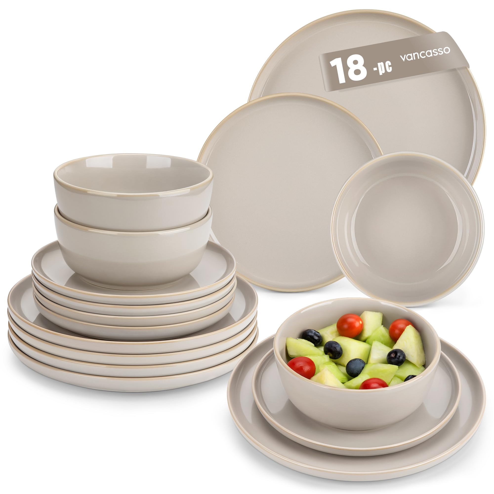 vancasso Playa Dinner Sets for 6 People, 18 Pieces Stoneware Plates and Bowls Set, Scratch Resistant Dinnerware Sets for Everyday Dining, Dishwasher and Microwave Safe, Grey — image 1