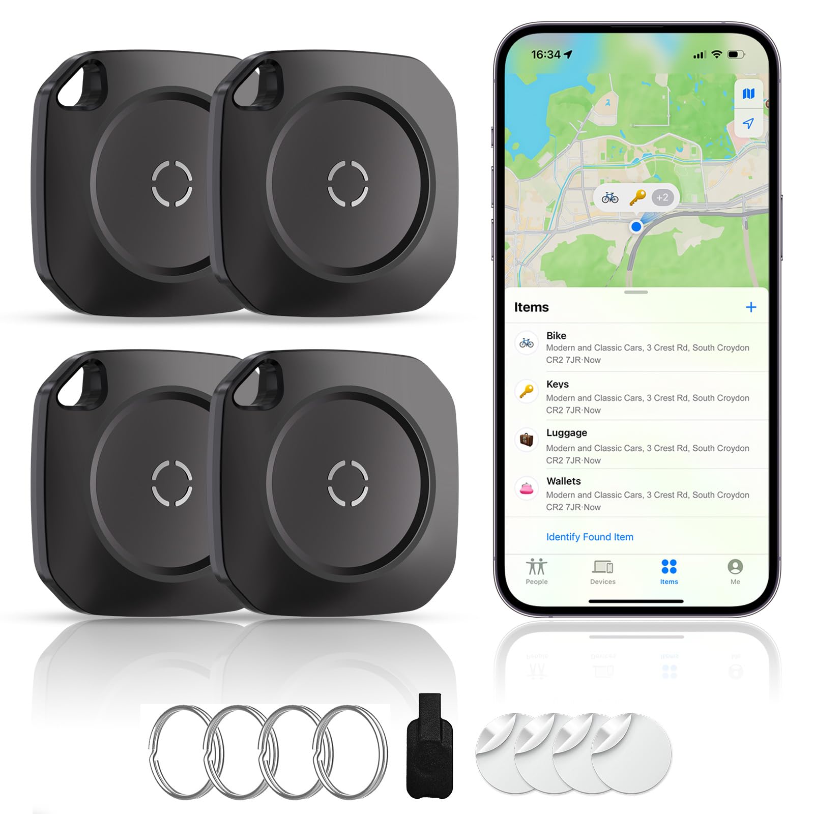 Air Tracker Tag Individuatore chiavi per iOS, Smart Tag compatibile con Apple Dove è? App (solo iOS), chiavi per valigie, viaggi, portafogli, bagagli, zaini, batterie sostituibili – 4 confezioni