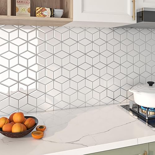 Miniatura 10 de Livelynine 16 azulejos geométricos para despegar y pegar en muro para cocina, color blanco, azulejos de pared de baño, impermeables, para paredes de