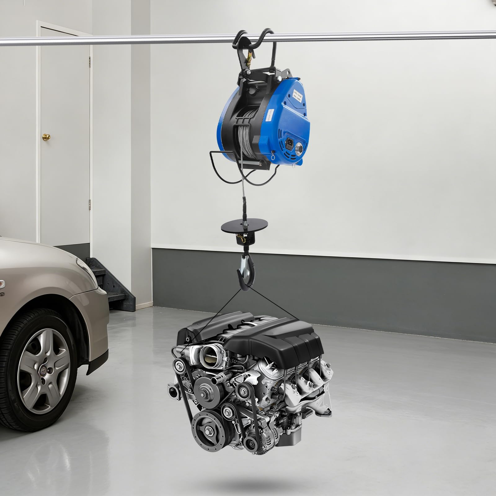 Treuil électrique 250 kg - Télécommande et radio - Câble en acier de 30 m - Hauteur de levage 29 m - Moteur en cuivre 1500 W - IP40 - Pour garage, atelier, entrepôt, montage au plafond