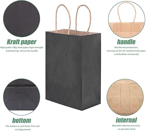 Miniatura 2 de 100 bolsas de regalo pequeñas negras a granel, 5.25 x 3.75 x 8 pulgadas, bolsas de regalo de papel kraft con asas