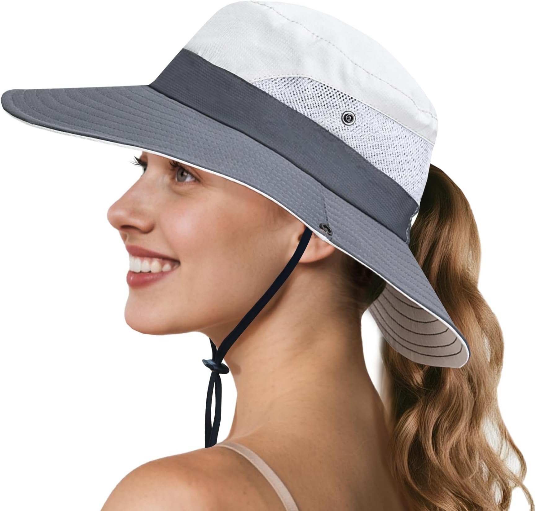 Ponytail Sun Bucket Hats for Women Men Wide Brim UPF 50+ Fishing & Beach Hats