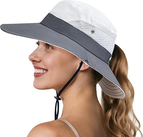 NPQQUAN Ponytail Sun Bucket Hats for Women Men Wide Brim UPF 50+ Fishing & Beach Hats