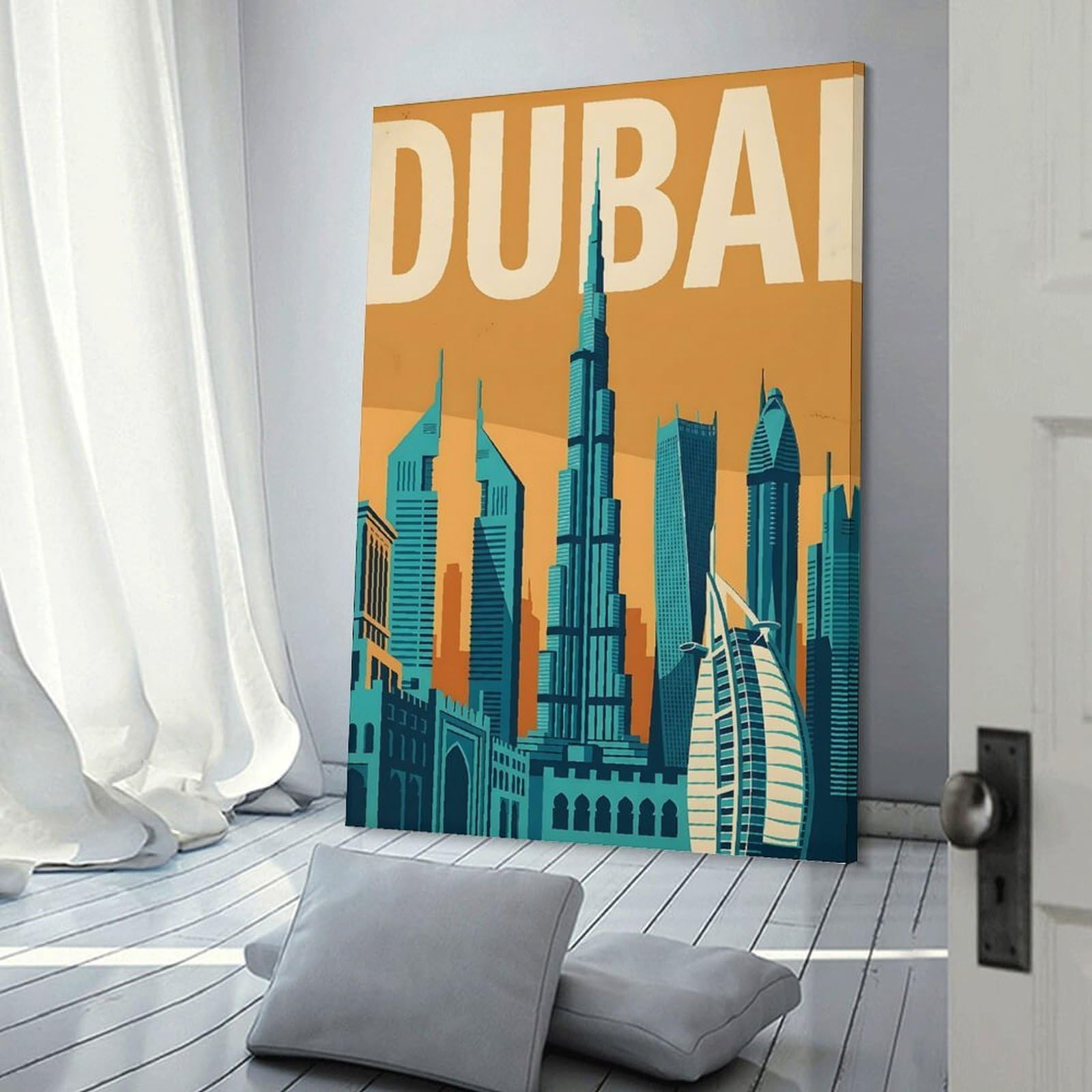 Junmoney Dubai Skyline Travel Hanging Wall Art 24x36inch(60x90cm), for Feature Walls in Flats Or Modern Rooms, Home Wall Art for Statement Displays