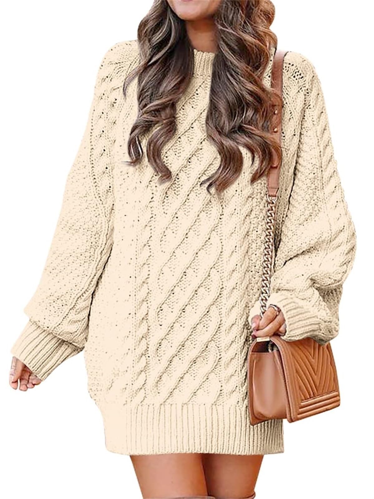 SINLEX Women Long Sleeve Oversized Cable Knit Chunky Baggy Loose Pullover Tunic Mini Sweater Dress Trendy Fall Outfits(Beige,M)