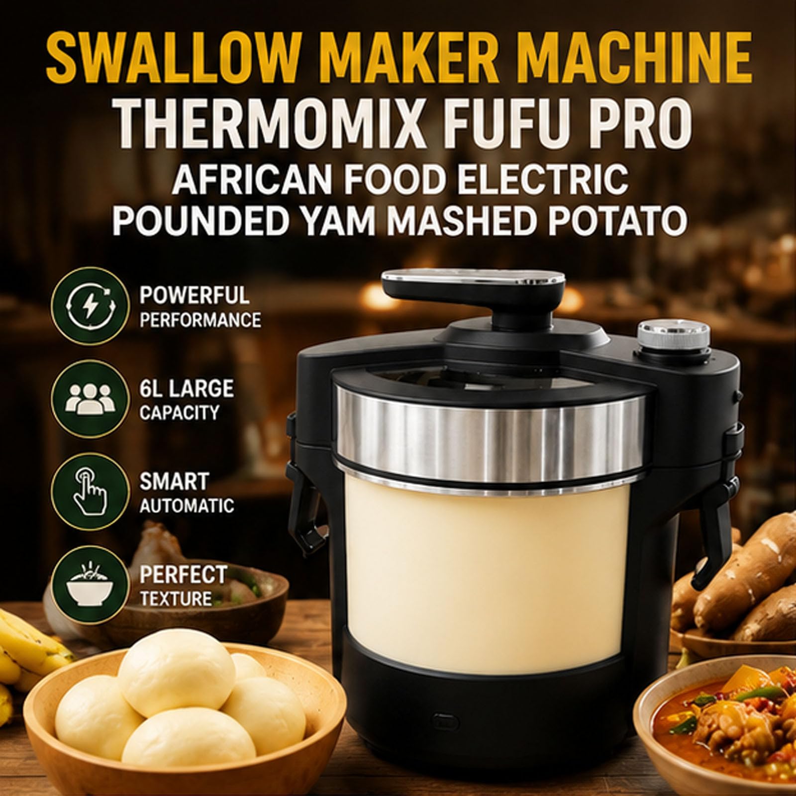Fabricante de comida automática de 6L para tragar Fufu, máquina eléctrica para triturar ñame, para Fufu, Amala, Banku, comida africana, sémola, puré de patatas, sirve para 5 a 6 personas