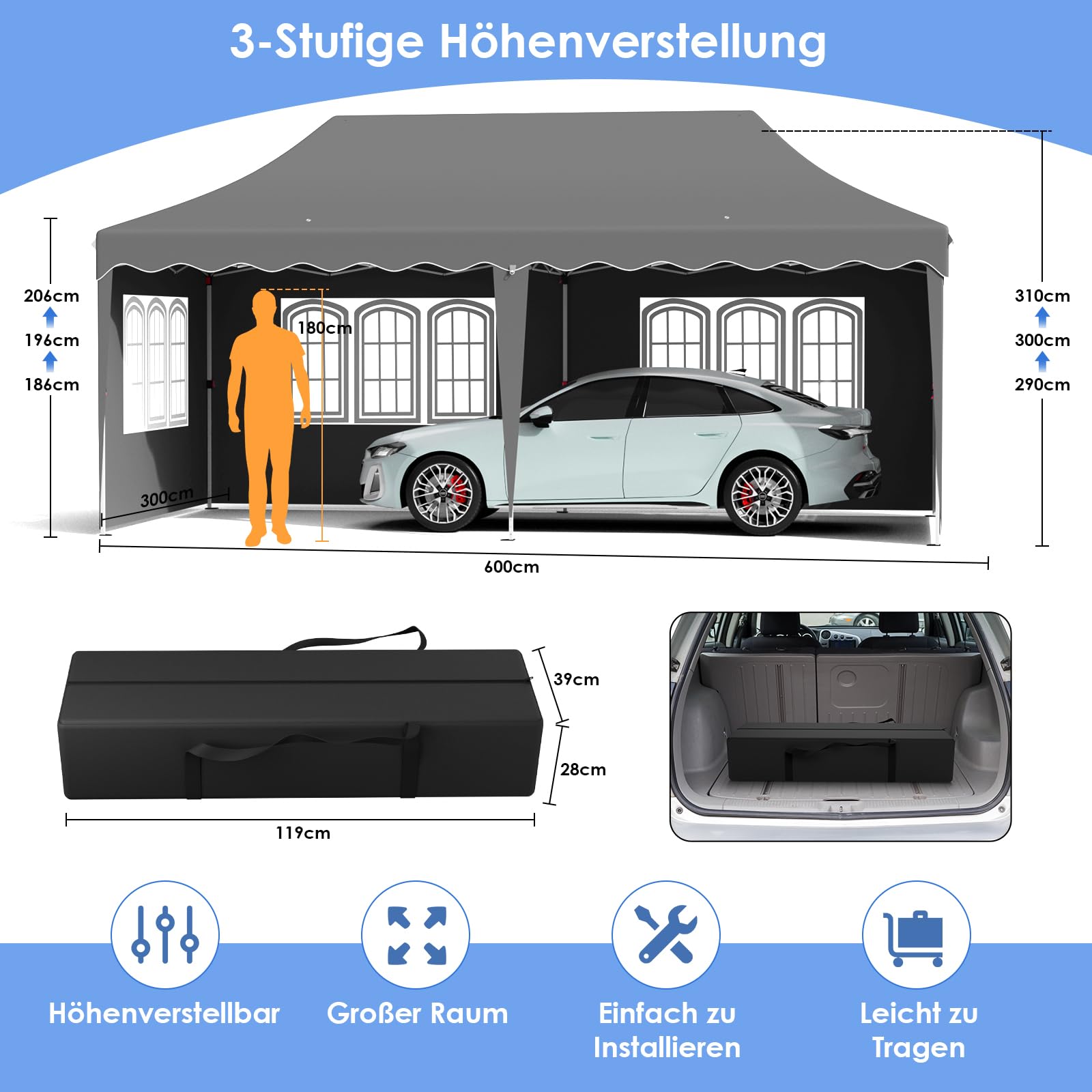 Faltpavillon 3x6 Pavillon Wasserdicht Stabil, Faltbar Gartenzelt 3x6 mit 6 Seitenwänden, Anti-UV 50+ Partyzelt Con 12 Erdhaken 6 Seile 6 PCS Sandsack,Gartenpavillon für Markt,Hochzeiten, Grau