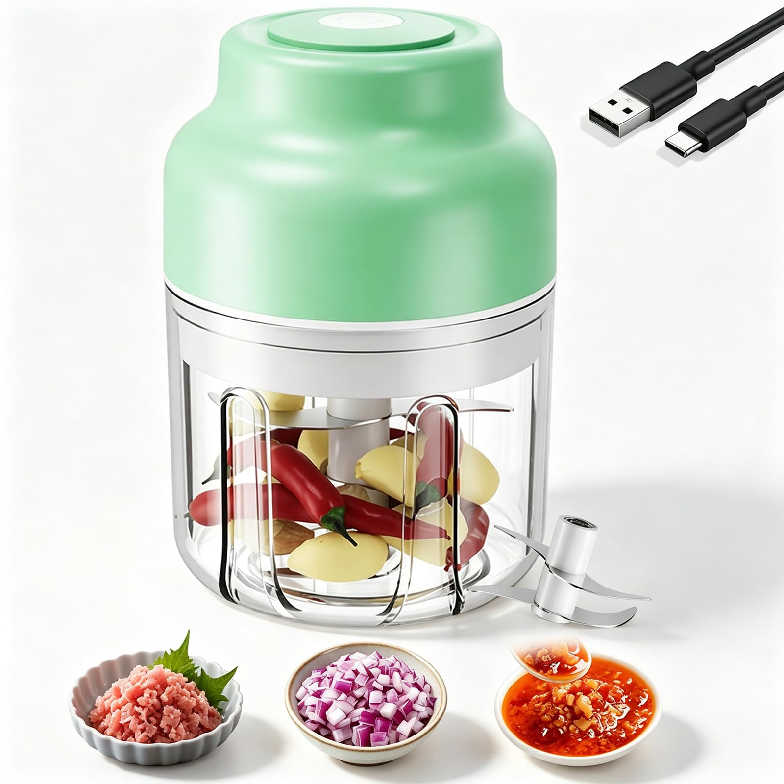 Electric Garlic Chopper, 350ml Cordless Electric Food Chopper With Lid, 6 Stainless Steel Blades Mini Chopper Food Processor for Onion Chili Ginger Nuts Meat & Fruits (Green,4 Blade)