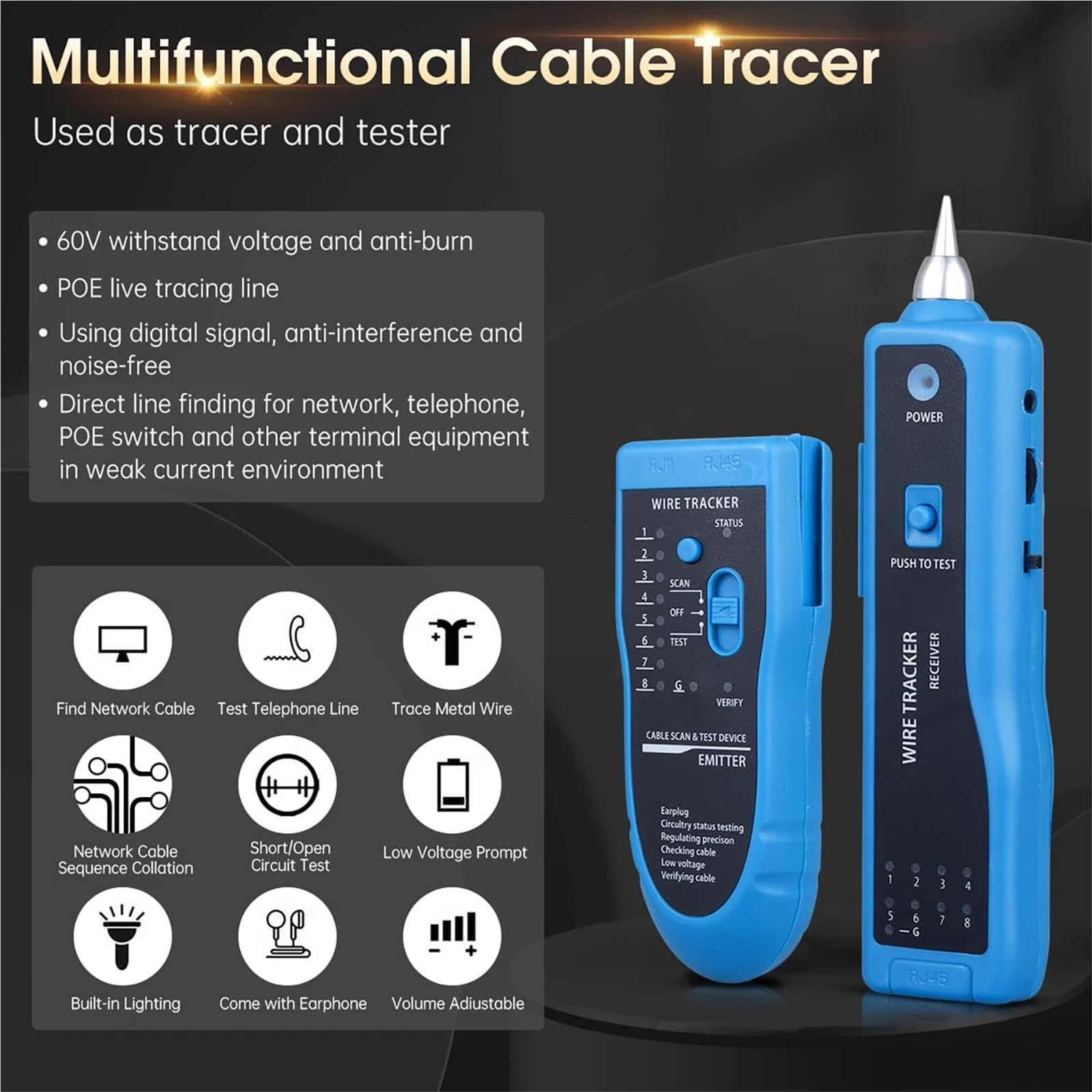 Traqueur de Câble, Testeur de câbles réseau Ethernet LAN RJ11 RJ45 Cat5 Cat6, traceur téléphoniques, détecteur toner, ligne | Giallo