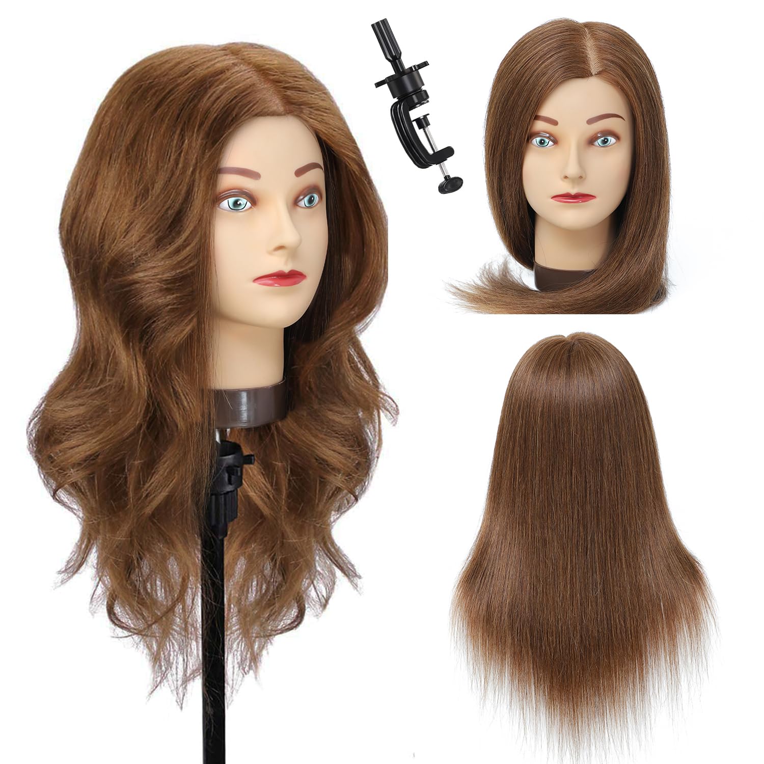 Ineffable 16"Mannequin Head with Human Hair Training Head Cosmetology Doll Head Manikin Practice Head Hairdresser with Free Clamp Holder Female (HB-16inch)