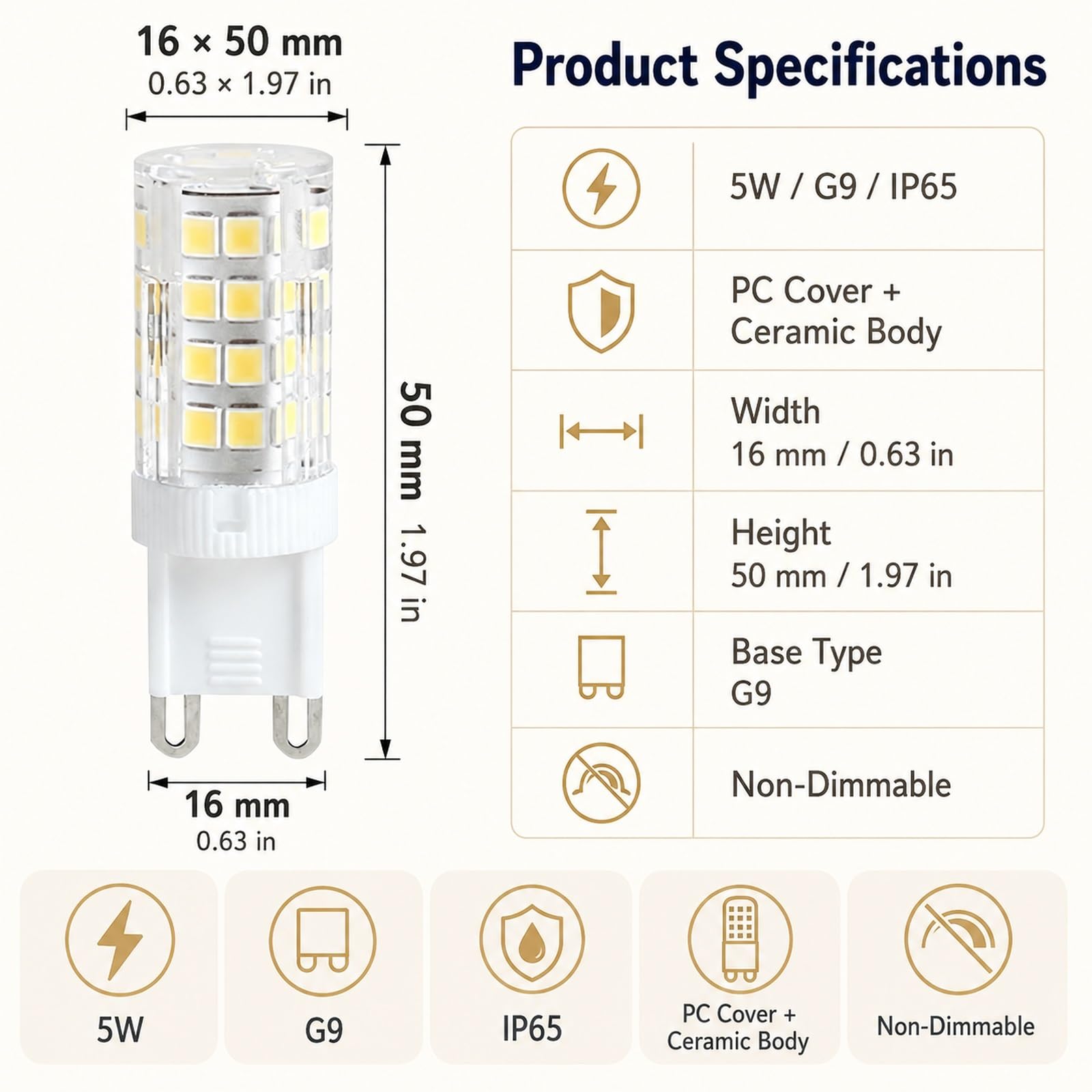 Lampadina LED a Mais G9 5W Equivalente 40W Brillante Risparmio Energetico CRI>80 Anti-Sfarfallio Camera Soggiorno Cucina Corridoio Ufficio Non Dimmerabile(Warm white 3000K,10 Pack)