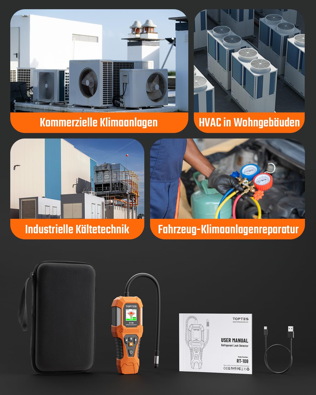 TOPTES RT-108 Kältemittel-Leckdetektor, HVAC Freon-Lecksuchgerät mit Halogen-Ionisationssensor, Klimaanlagen-Lecksuche mit 3 Empfindlichkeitsstufen für R134a, CFCs, HCFCs, HFCs – Orange