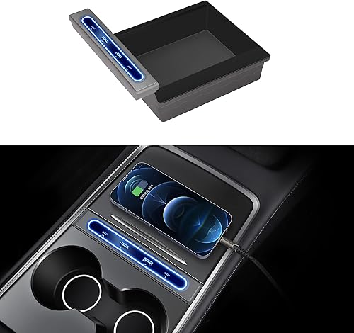 Arcoche Tesla Hub USB con bandeja organizadora de consola central para modelos 3 y Y 2023 2022 2021 soporte de carga rápida de 27 W