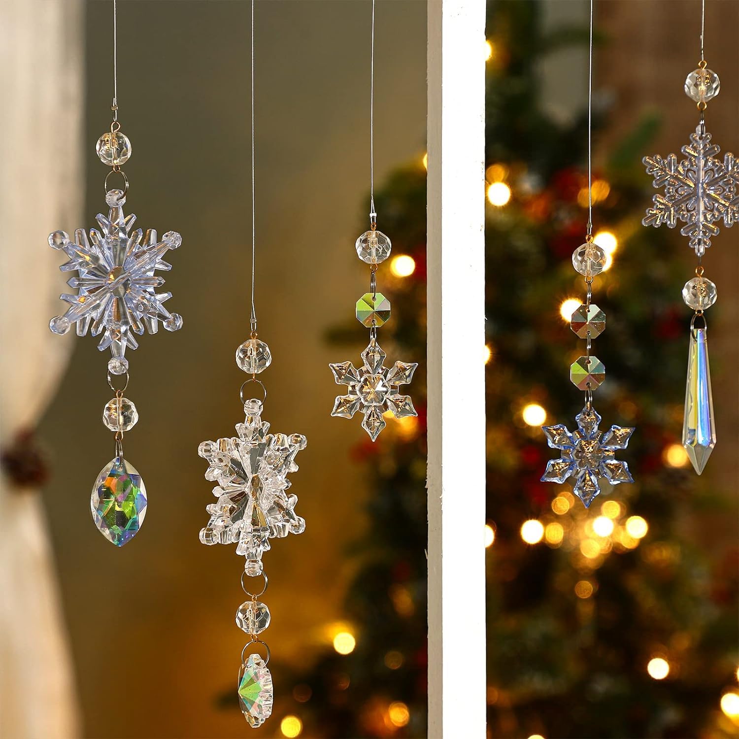 Bluelves 16 stuks kerstdecoratie, sneeuwvlokken, ijspegelhangers, kerstboomversiering, kristallen decoraties, kerstboomversiering, sneeuwvlokken, decoratie, acryl, kerstboomdecoratieset